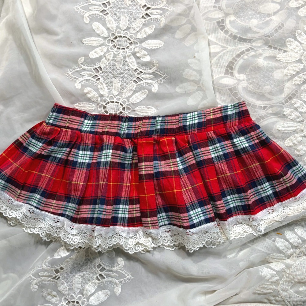 Y2K Scene Red Plaid Lace Trim Micro Mini Skirt Pleated Tartan Schoolgirl Punk